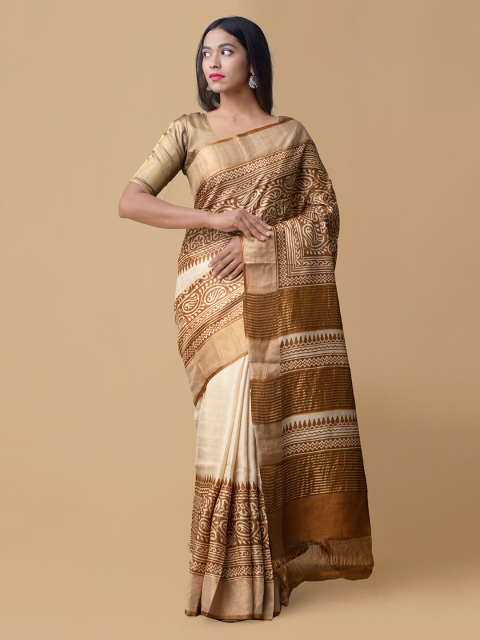 

Unnati Silks Cream-Coloured & Copper-Toned Pure Silk Woven Design Tussar Saree