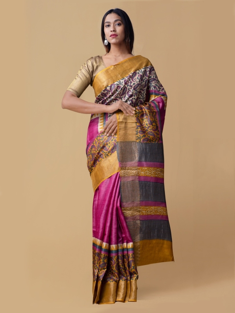 

Unnati Silks Pink & Black Pure Silk Printed Tussar Handloom Saree