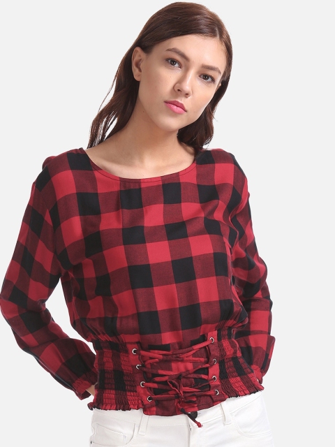 

Cherokee Women Red & Black Checked Blouson Top