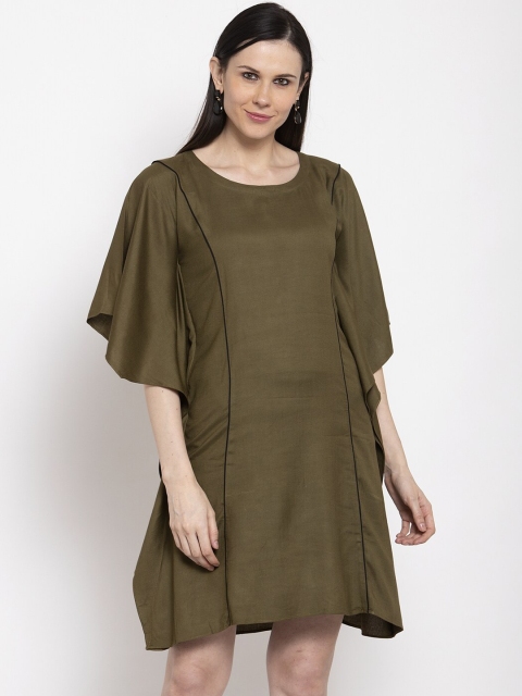 

DUGRI BE THE ONE Women Olive Green Solid Ruffled A-Line Dress