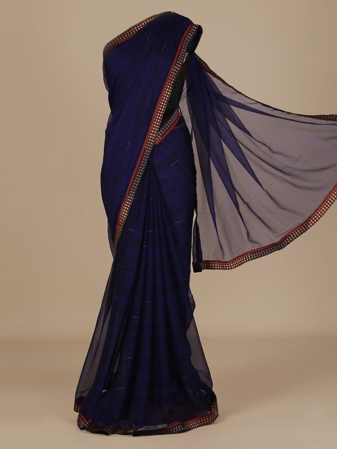

Pothys Navy Blue & Red Poly Chiffon Embellished Saree