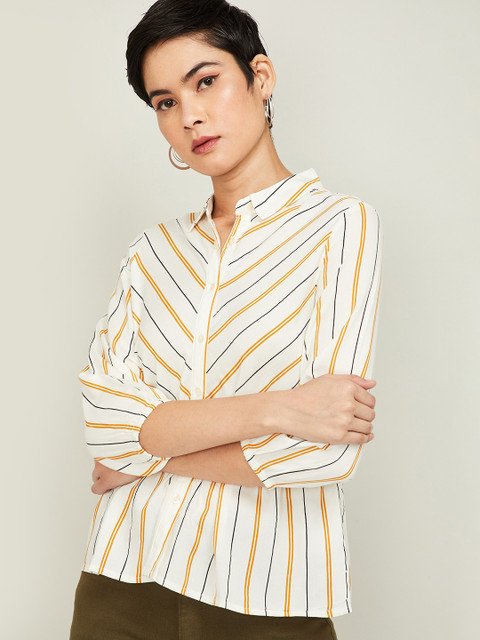 

Fame Forever by Lifestyle Women Mustard Yellow & White Regular Fit Striped Casual Shirt