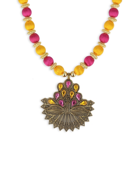 

AKSHARA Gold & Pink Handcrafted Long Brass Pendent Necklace