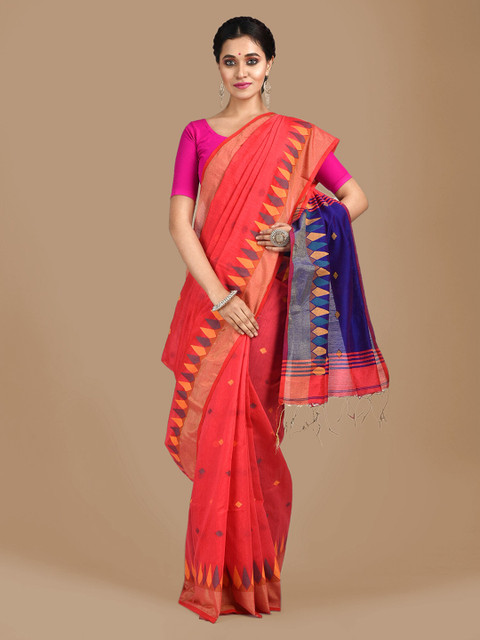

Mitera Peach-Coloured & Blue Cotton Blend Woven Design Saree
