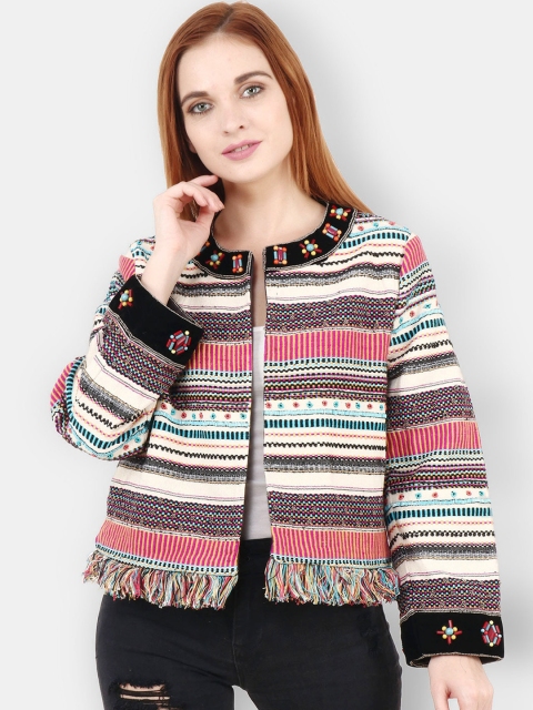 

Diwaah Women Pink & Off-White Striped Open Front Jacket