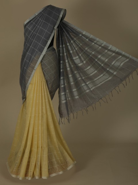 

Pothys Yellow & Grey Pure Linen Checked Saree