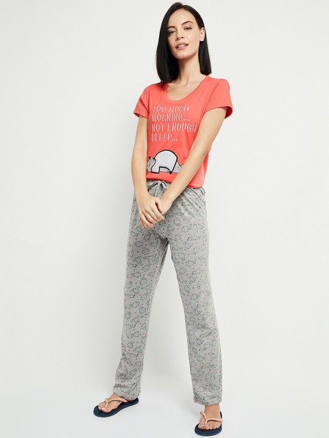 

max Women Coral Red & Grey Printed Night Suit