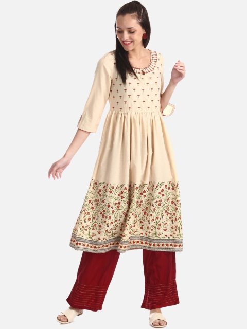 

Anahi Women Beige & Maroon Yoke Design Anarkali Kurta