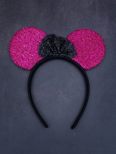 

Golden Peacock Magenta Pink & Black Embellished Micky Mouse Ears Bow Hairband