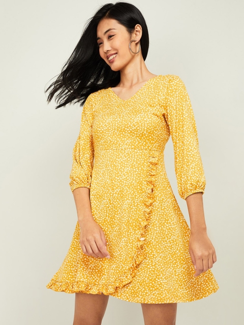 

Ginger by Lifestyle Women Mustard Yellow Floral Printed Fit and Flare Dress