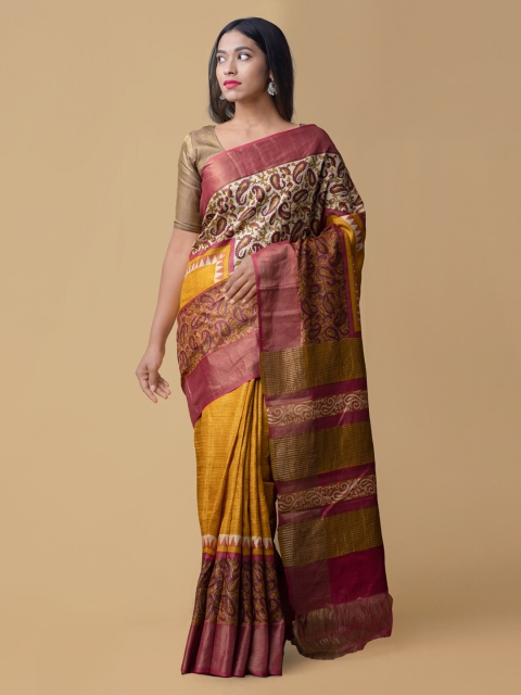 

Unnati Silks Yellow & Maroon Pure Silk Printed Handloom Tussar Saree