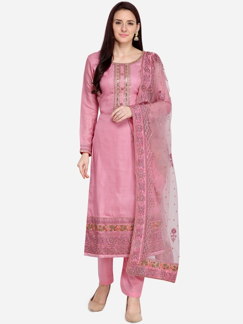 

Stylee LIFESTYLE Women Pink Embroidered Semi-Stitched Dress Material