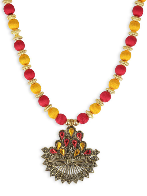 

AKSHARA Women Red & Gold-Toned Oxidised Handcrafted Long Brass Pendent Necklace