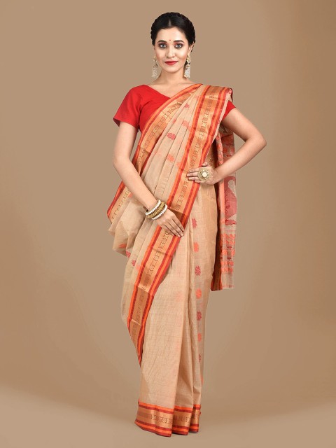 

Mitera Beige & Orange Silk Blend Woven Design Tussar Saree