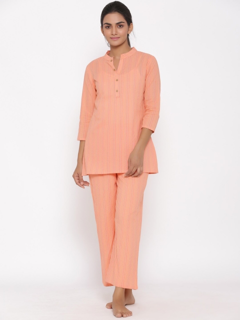 

Fabriko Women Peach-Coloured & White Striped Night suit