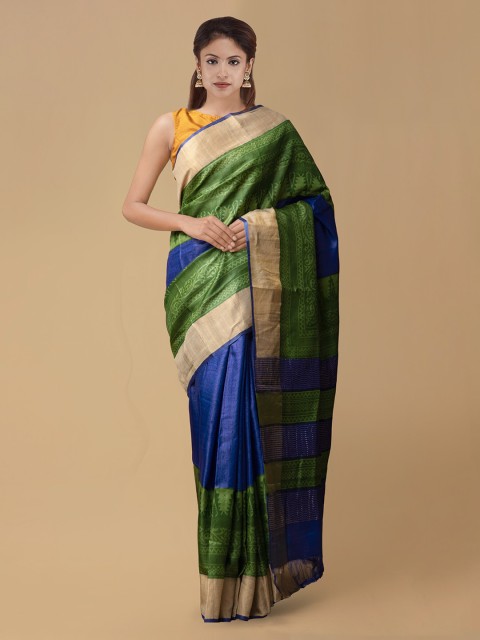 

Unnati Silks Blue & Green Pure Silk Colourblocked Tussar Saree