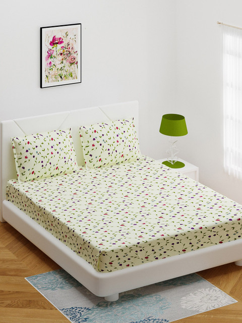 

BOMBAY DYEING Green Floral 164 TC Cotton 1 Queen Bedsheet with 2 Pillow Covers