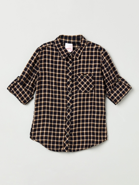 

max Girls Navy Blue & Mustard Yellow Regular Fit Checked Casual Shirt