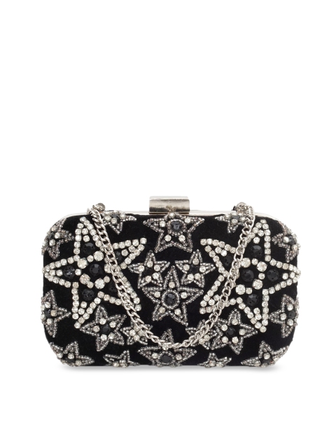 

Diwaah Women Black & Silver-Toned Beads & Stone Embellished Velvet Box Clutch