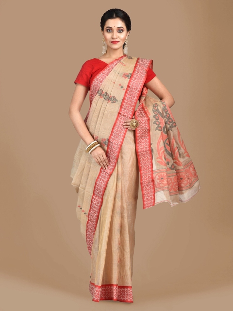 

Mitera Beige Silk Blend Woven Design Tussar Saree
