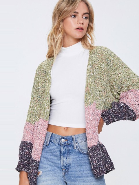 

FOREVER 21 Women Green & Pink Colourblocked Front Open Sweater