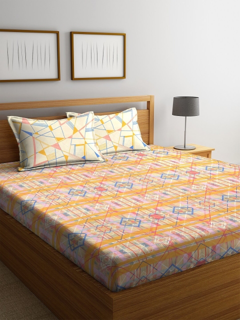 

BOMBAY DYEING Orange & Blue Printed 144 TC Cotton 1 Queen Bedsheet With 2 Pillow Covers