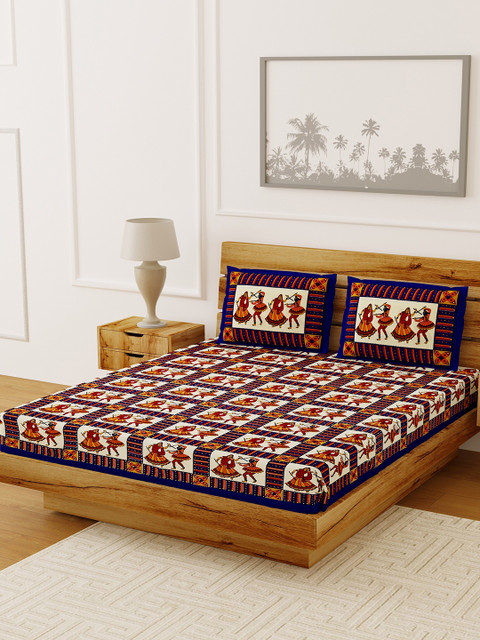 

LIVING ROOTS Blue & Red Ethnic Motifs 120 TC Cotton 1 Queen Bedsheet With 2 Pillow Covers