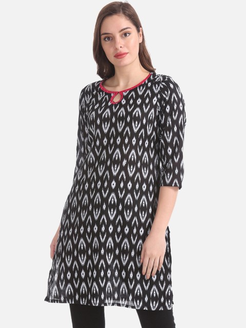 

Karigari Women Black & White Woven Design Straight Kurta