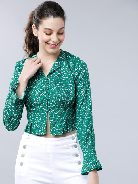 

Tokyo Talkies Women Green Printed Shirt Style Crop Top