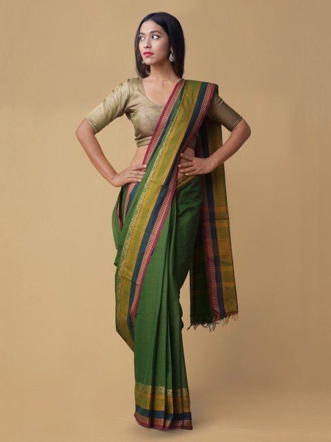 

Unnati Silks Green Solid Handloom Pure Kanchi Cotton Saree