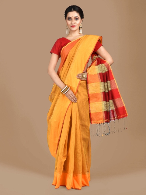 

Mitera Mustard Solid Cotton Blend Saree