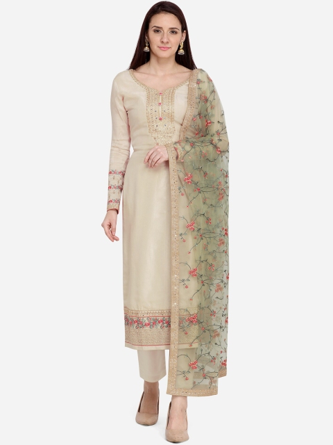 

Stylee LIFESTYLE Women Beige & Golden Semi-Stitched Embroidered Dress Material