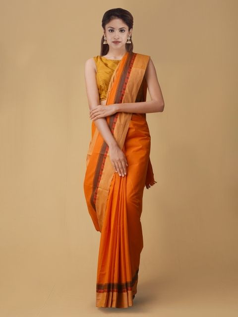 

Unnati Silks Orange Solid Pure Kanchi Cotton Handcrafted Saree