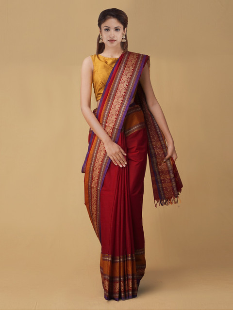 

Unnati Silks Maroon Solid Pure Cotton Saree
