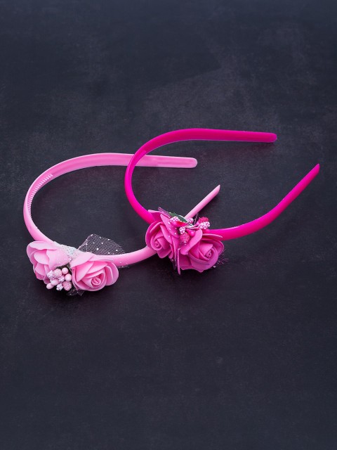 

Golden Peacock Women Set of 2 Pink Floral Embellished Hairbands