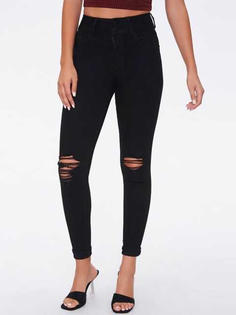 

FOREVER 21 Women Black Super Skinny Fit High-Rise Slash Knee Stretchable Jeans