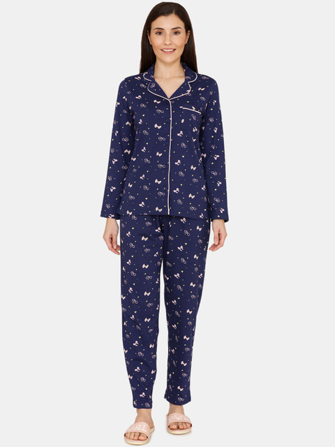 

Zivame Women Navy Blue & White Printed Night Suit
