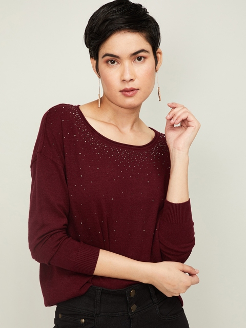 

Fame Forever by Lifestyle Women Burgundy Embellished Pullover Sweater