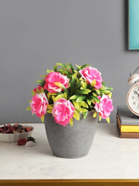 

FOLIYAJ Pink & Grey Artificial Rose Plant With Pot, Green
