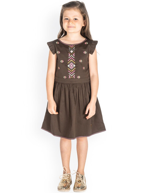 

Cherry Crumble Girls Brown Embroidered A-Line Dress
