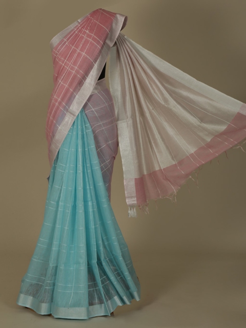 

Pothys Pink & Blue Pure Linen Checked Saree