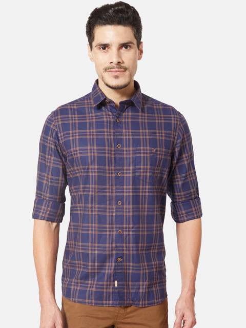 

J Hampstead Men Blue & Brown Slim Fit Checked Casual Shirt