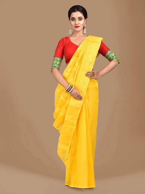 Mitera Yellow Silk Cotton Woven Design Jamdani Saree