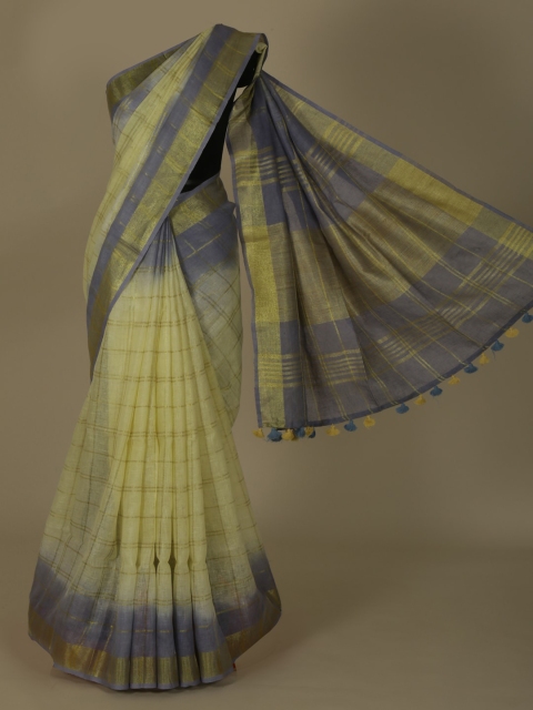 

Pothys Yellow & Grey Pure Linen Checked Saree