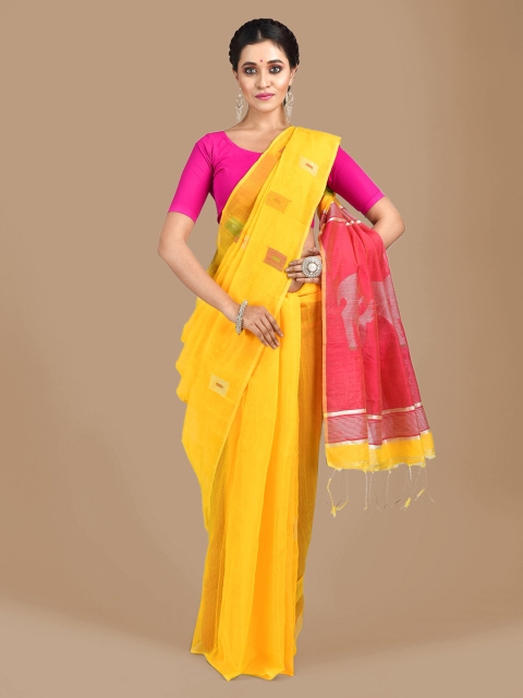 

Mitera Yellow & Pink Cotton Blend Printed Saree