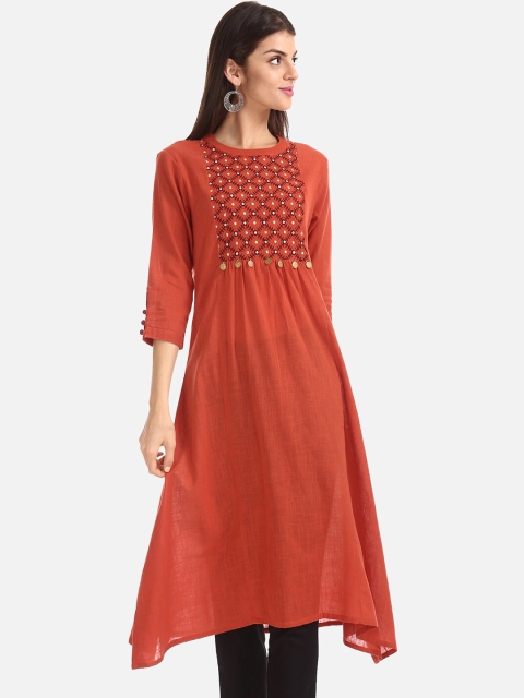 

Anahi Women Rust Orange Yoke Design A-Line Kurta