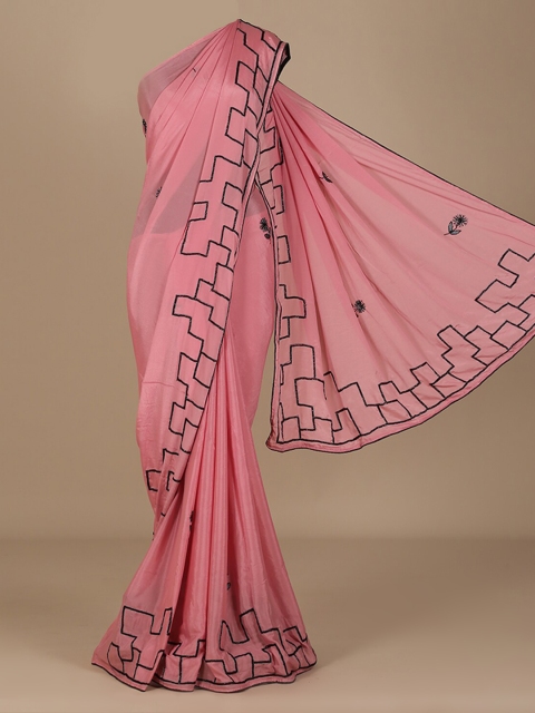

Pothys Pink & Black Poly Crepe Embellished Saree