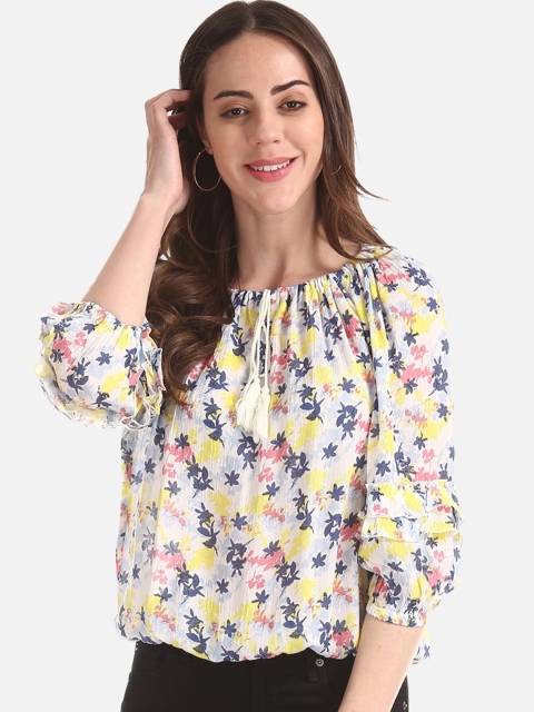 

Cherokee Women White & Yellow Floral Printed Blouson Top