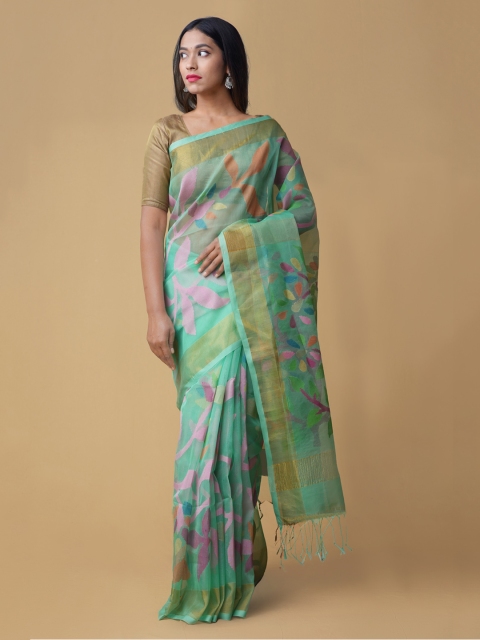 

Unnati Silks Blue Floral Printed Pure Handloom Maheshwari Sico Saree