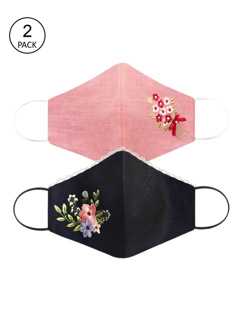 

Daffodils GIRLS WEAR Women 2 Pcs Embroidered 3-Ply Cloth Face Mask, Black